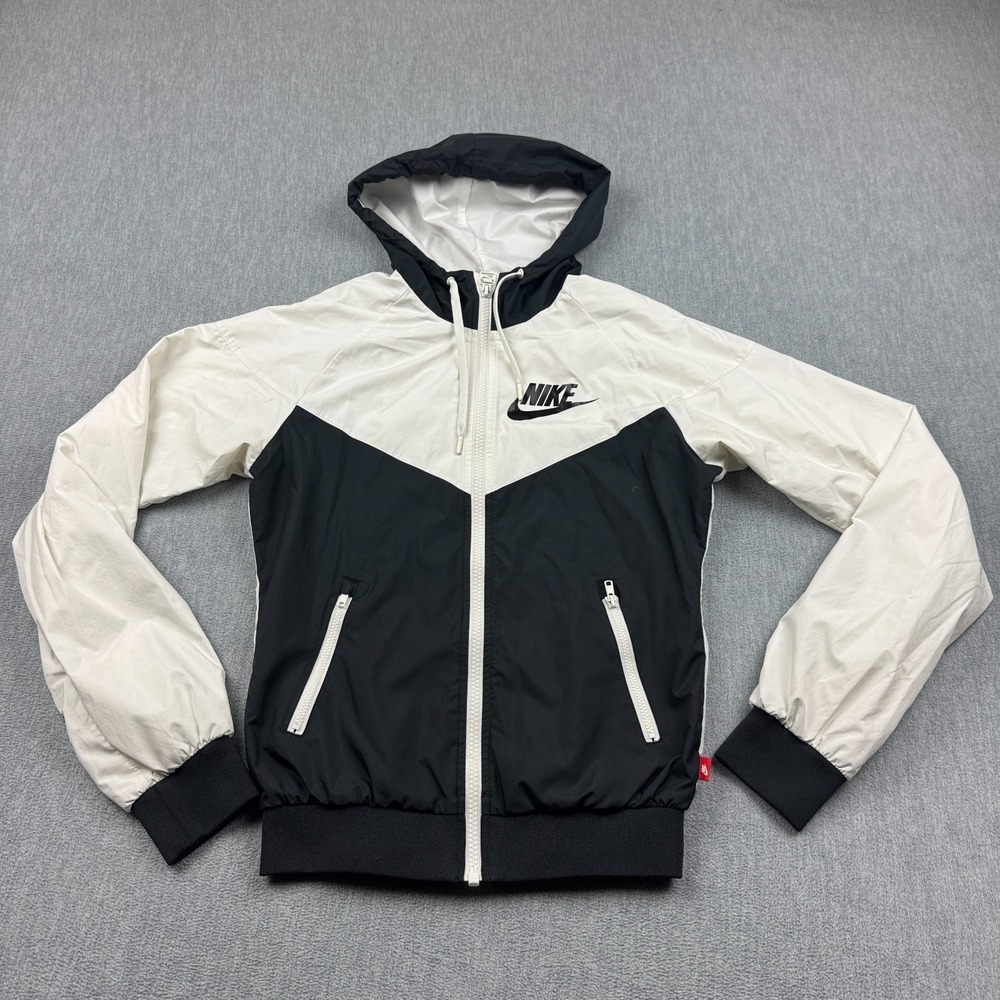 Nike Sportswear Jacket Womens XS Black White Windrunner Track Hooded Windbreaker
